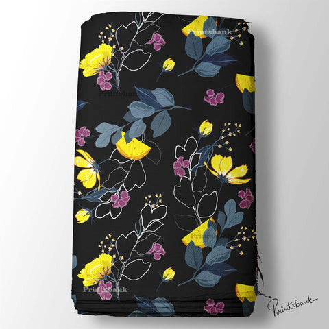 Black Yellow Floral Digital Printed Fabric Online Store