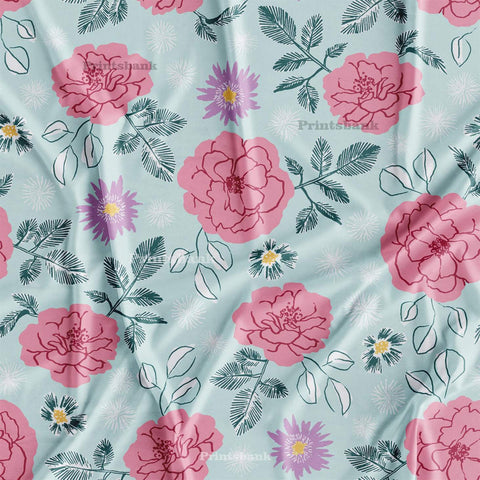 Aqua Blue Floral Printed Fabric Wholesale Rate Online