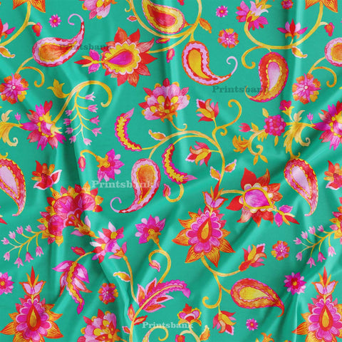 Bright Green Pink Paisley Printed Fabric Material For Kurti Manufacturer