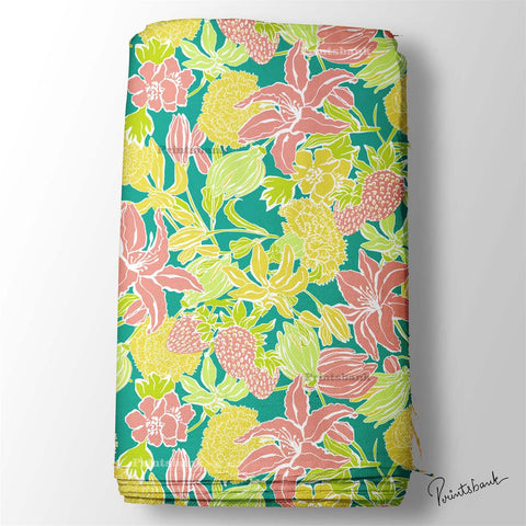 Bright Green yellow Floral Printed Fabric Material For Wedding Function