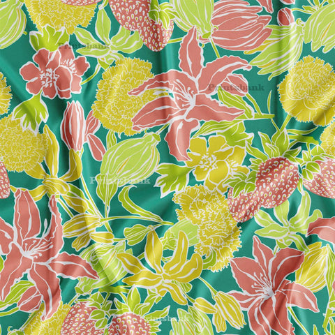 Bright Green yellow Floral Printed Fabric Material For Wedding Function