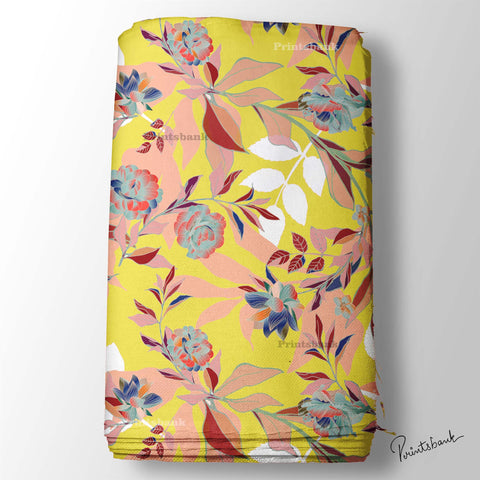 Yellow Big Abstract Floral Printed Fabric Online Store