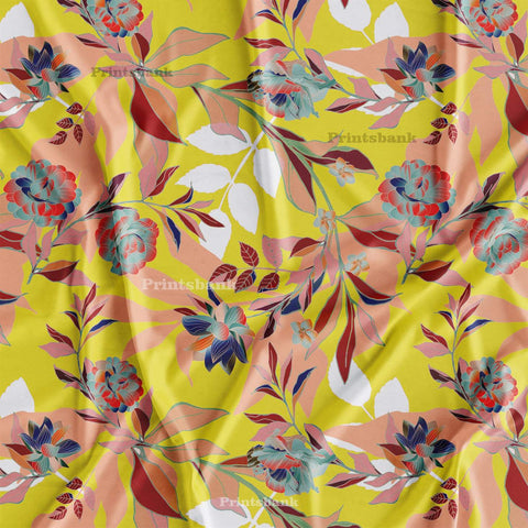 Yellow Big Abstract Floral Printed Fabric Online Store