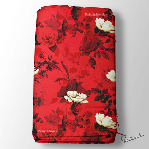 Blood Red Floral With Bird Printed Fabric Wholesale Surat Market