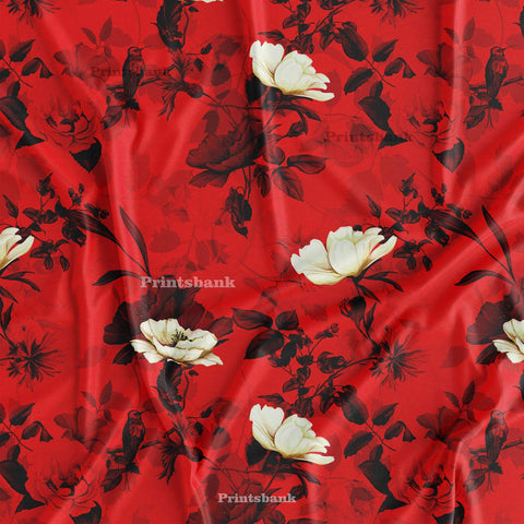 Blood Red Floral With Bird Printed Fabric Wholesale Surat Market