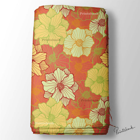 Orange Yellow Big Floral Wedding Sangeete Floral Printed Fabric Online