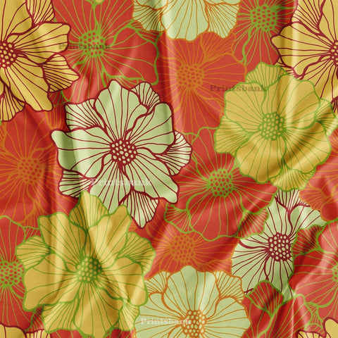 Orange Yellow Big Floral Wedding Sangeete Floral Printed Fabric Online