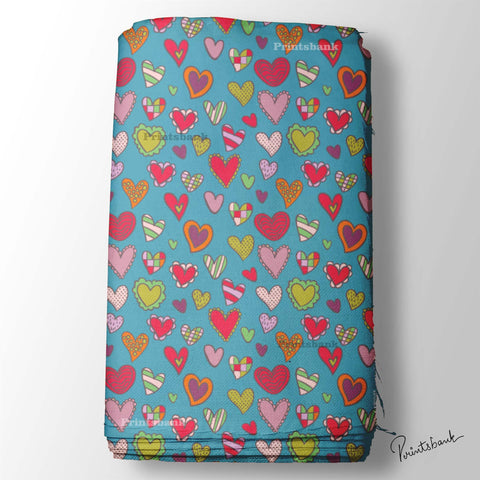 Till Blue Red Heart Printed Fabric For Kid's Dresses