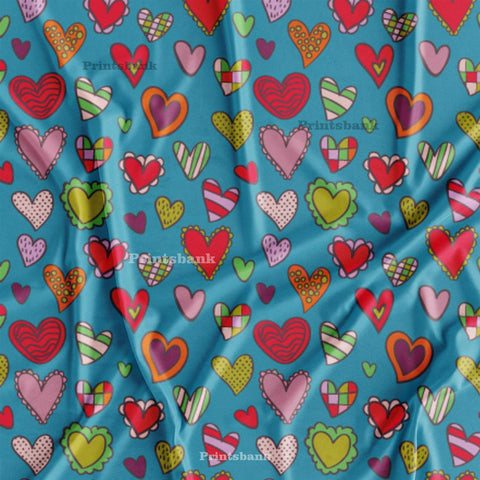 Till Blue Red Heart Printed Fabric For Kid's Dresses