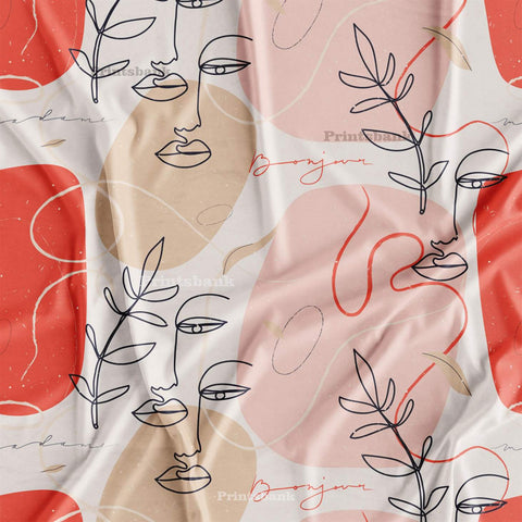 Peach Pink Abstract Faces Digital Printed Fabric For Boutique Dress Material