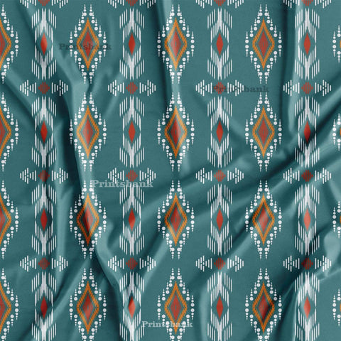 Teal Blue Ikat Digital Printed Fabric Material Wholesale Price