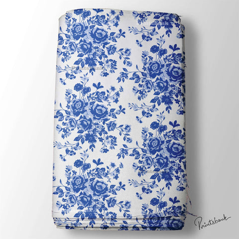 White Blue Floral Digital Printed Fabric Supplier India