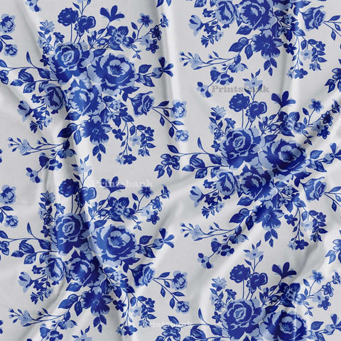 White Blue Floral Digital Printed Fabric Supplier India