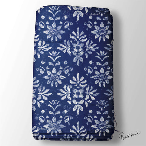 Navy Blue Batik Digital Printed Fabric Online