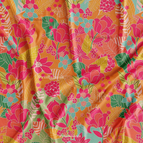 Orange Floral Digital Printed Fabric Material Wholesale Price