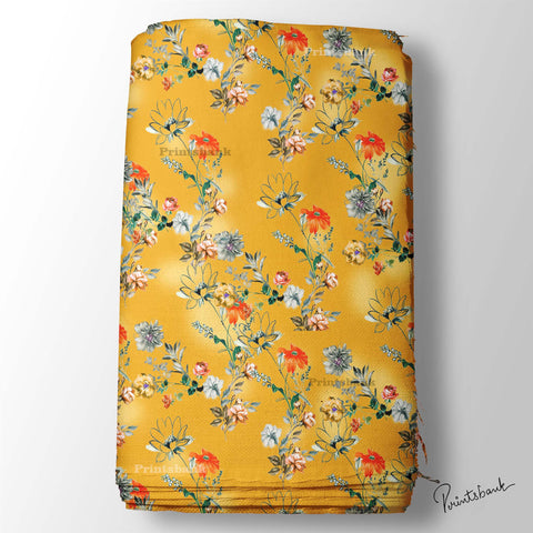 Yellow Floral Digital Printed Fabric For Dress Material Online