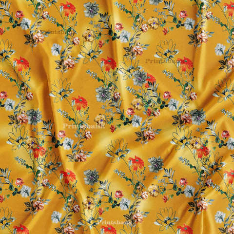 Yellow Floral Digital Printed Fabric For Dress Material Online