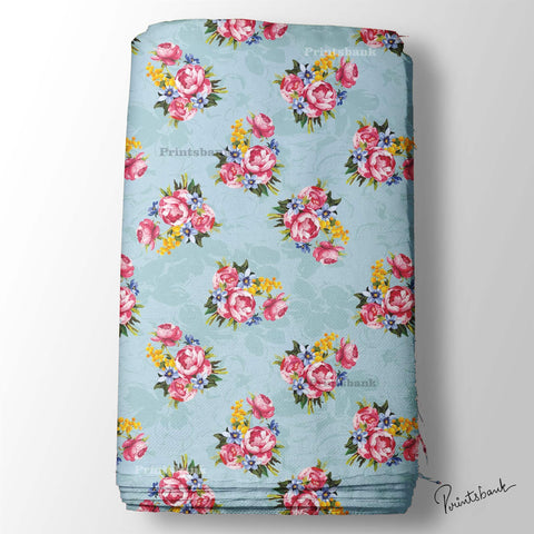 Ice Blue Rose Floral Digital Printed Fabric Manufacture