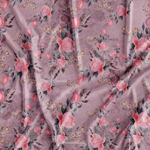 Onion Pink Rose Floral Digital Printed Fabric Material For Kurti Online