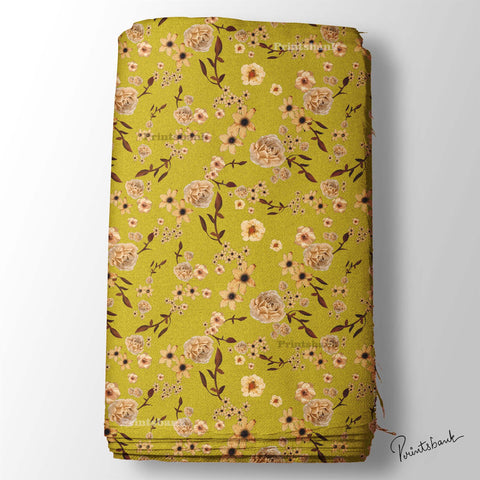 Mustered Yellow Floral Digital Printed Fabric For Ladies Garment