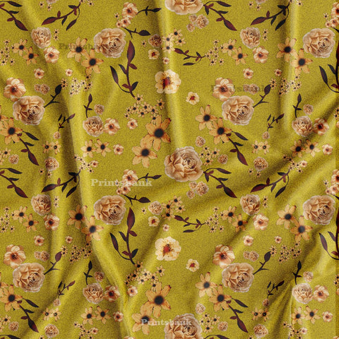 Mustered Yellow Floral Digital Printed Fabric For Ladies Garment