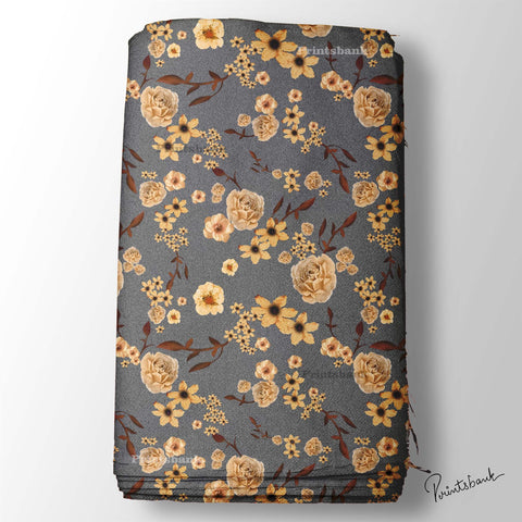 Dark Gray Fabric With Golden Floral Digital Printed Material For Dress