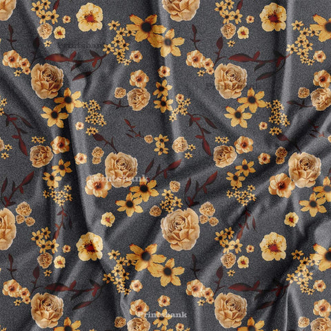 Dark Gray Fabric With Golden Floral Digital Printed Material For Dress