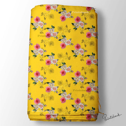 Bright Yellow Floral Printed Fabric Dress Material Online