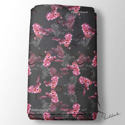 Dark Gray With Baby Pink Cherry Floral Digital Printed Fabric For Dress Material