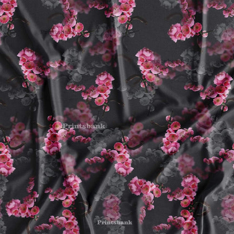 Dark Gray With Baby Pink Cherry Floral Digital Printed Fabric For Dress Material