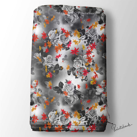 Black & White Cloud Rose Floral Digital Printed Fabric For Dresses