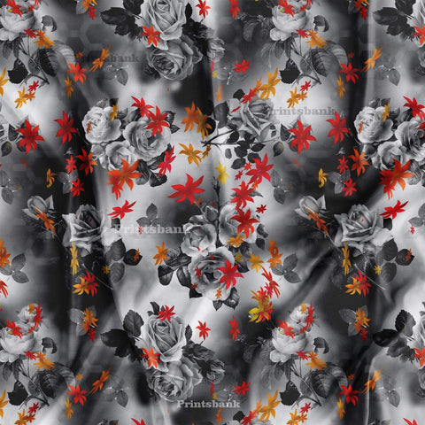 Black & White Cloud Rose Floral Digital Printed Fabric For Dresses