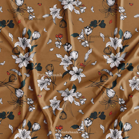 Coffee Color Designer Floral Printed Fabric Wholesale Price