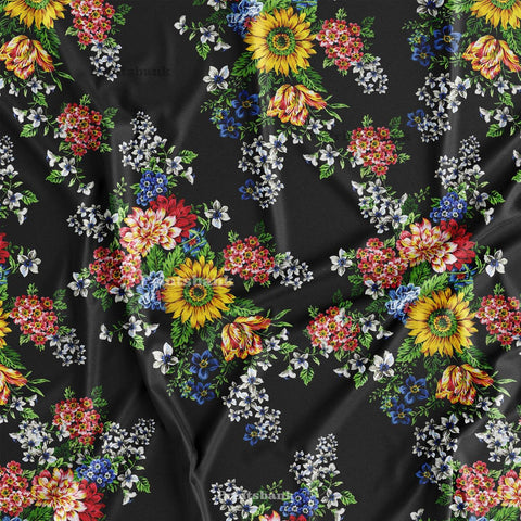 Black With Bright Yellow Floral Digital Printed Fabric For Kurti Manufacturer