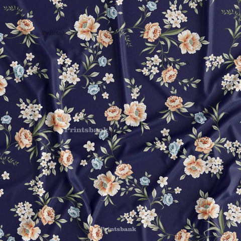 Royal Navy Blue With Pink Floral Digital Printed Fabric Store Online