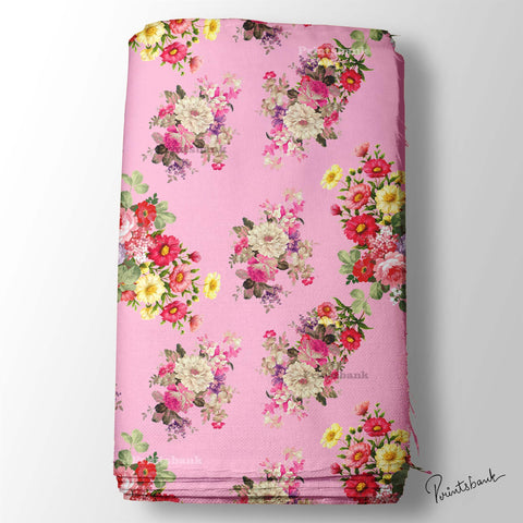 Baby Pink With Festive Bunch Floral Digital Printed Fabric For Kid's Dress