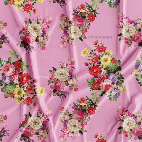 Baby Pink With Festive Bunch Floral Digital Printed Fabric For Kid's Dress