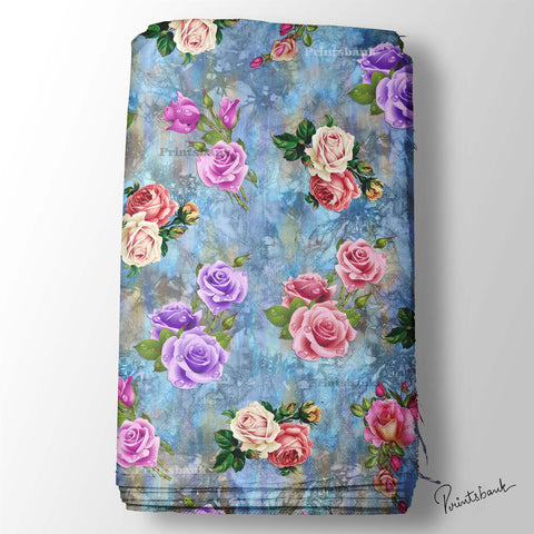 Blue 3D Texture Rose Floral Digital Printed Fabric For Dress