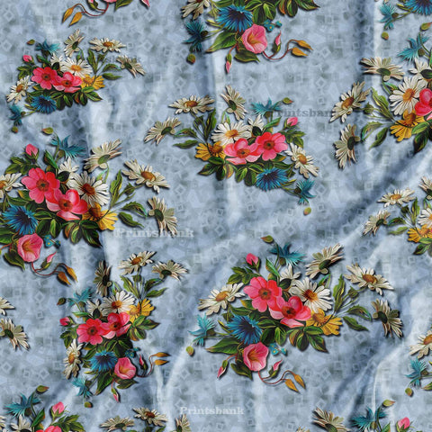 Powder Blue 3D Texture Bunch Floral Digital Printed Fabric For Dress Material