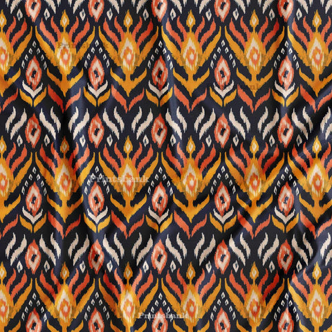 Navy Blue With Yellow Ikat Pattern Digital Printed Fabric Wholesale Price