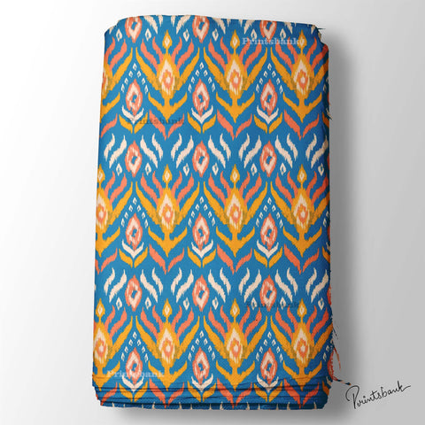 Till Blue With Yellow Ikat Pattern Digital Printed Fabric Material For Kurti Manufacturer