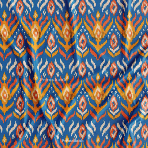 Till Blue With Yellow Ikat Pattern Digital Printed Fabric Material For Kurti Manufacturer