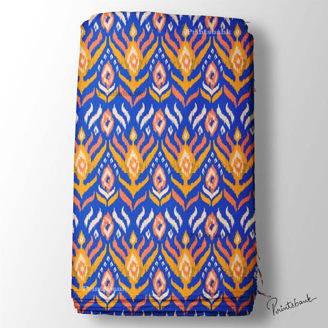 Ink Blue With Yellow Ikat Pattern Digital Printed Fabric Wholesale Price