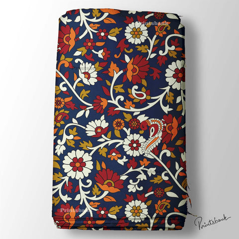 Navy Blue With Red Kalamkari Bright Floral Digital Printed Fabric Wholesale Price