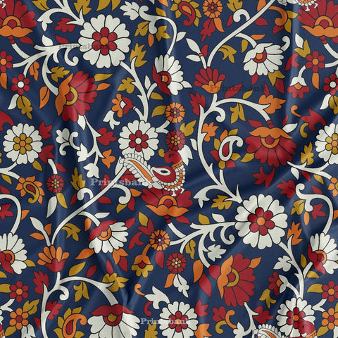 Navy Blue With Red Kalamkari Bright Floral Digital Printed Fabric Wholesale Price