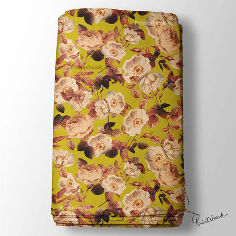 Mustered Yellow Vintage Rose Floral Digital Printed Fabric Wholesale Online