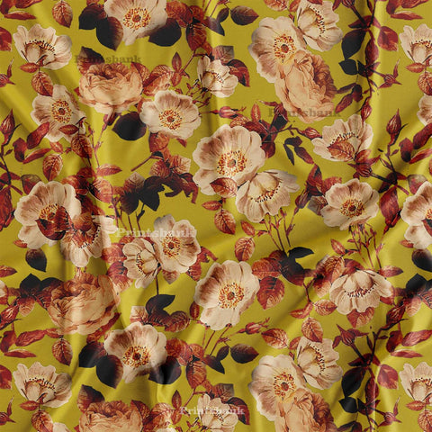 Mustered Yellow Vintage Rose Floral Digital Printed Fabric Wholesale Online