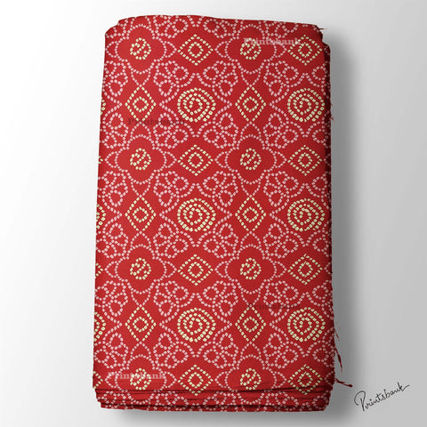 Red Bandhani Floral Pattern Digital Printed Fabric Material