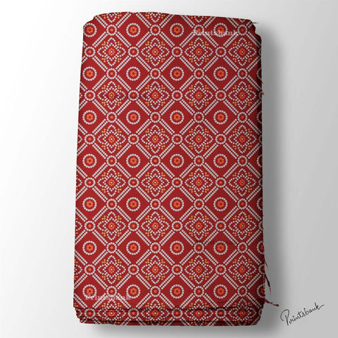 Red Floral Bandhani Digital Printed Fabric Material