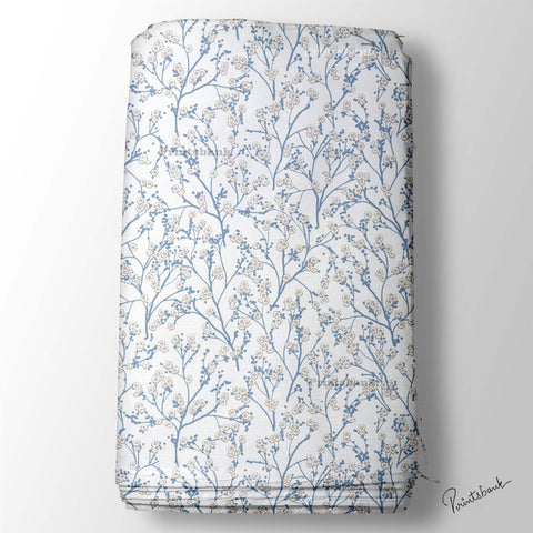 White Blue Mini Floral Digital Printed Fabric Material